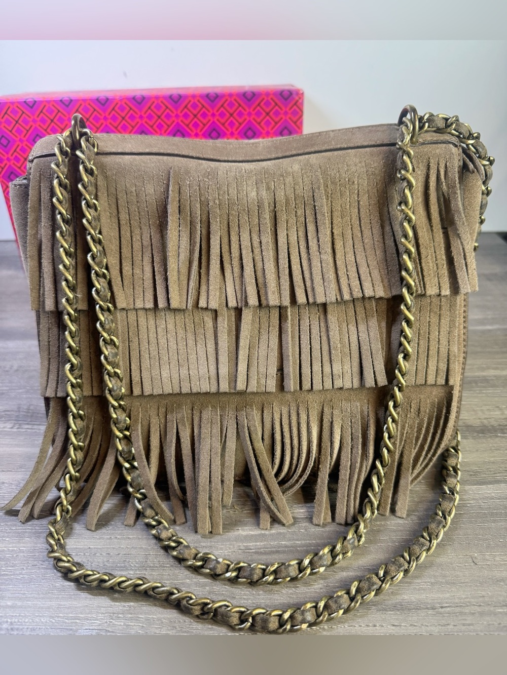 Tory Burch Taupe Suede Fringe Shoulder Bag with Brass Chain